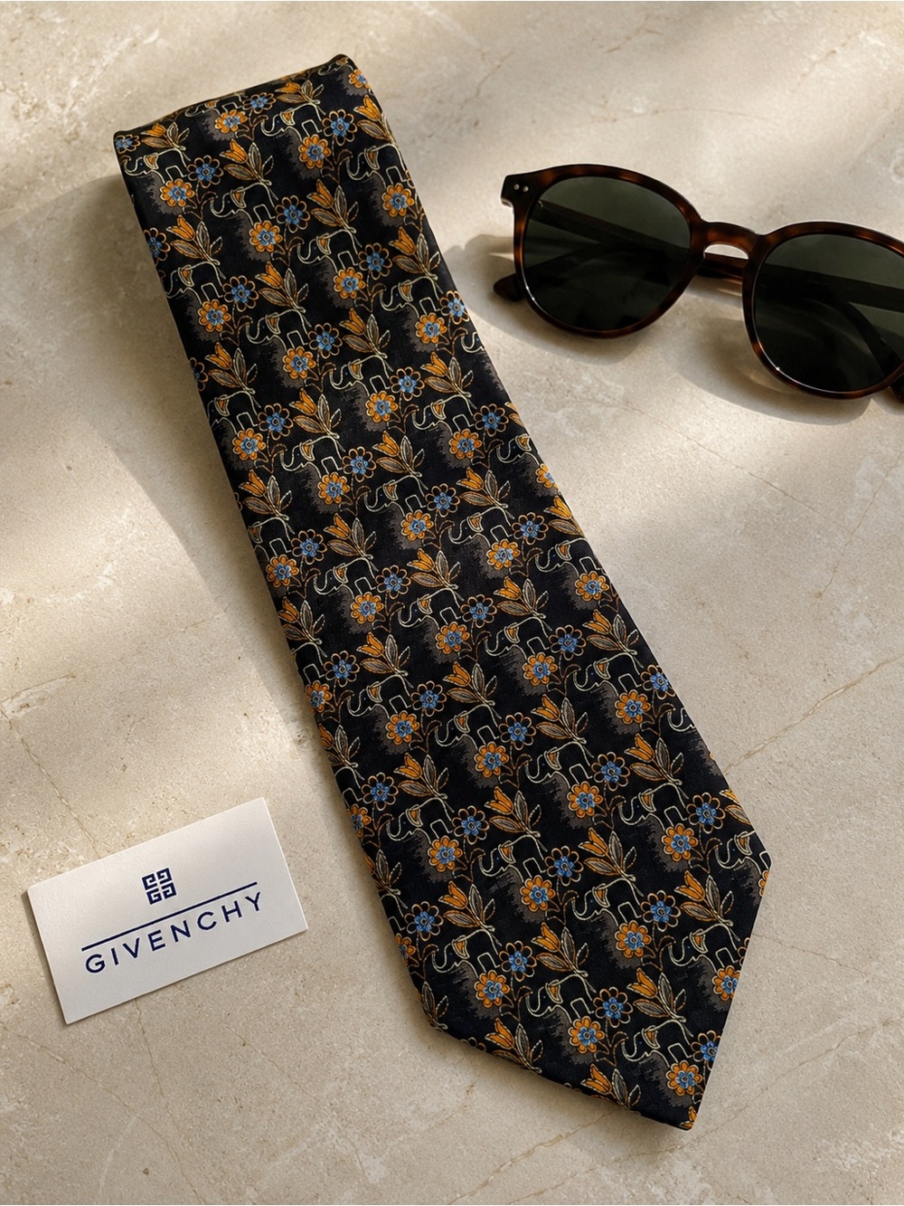 Authentic Vintage Givenchy Silk Elephant Floral Tie